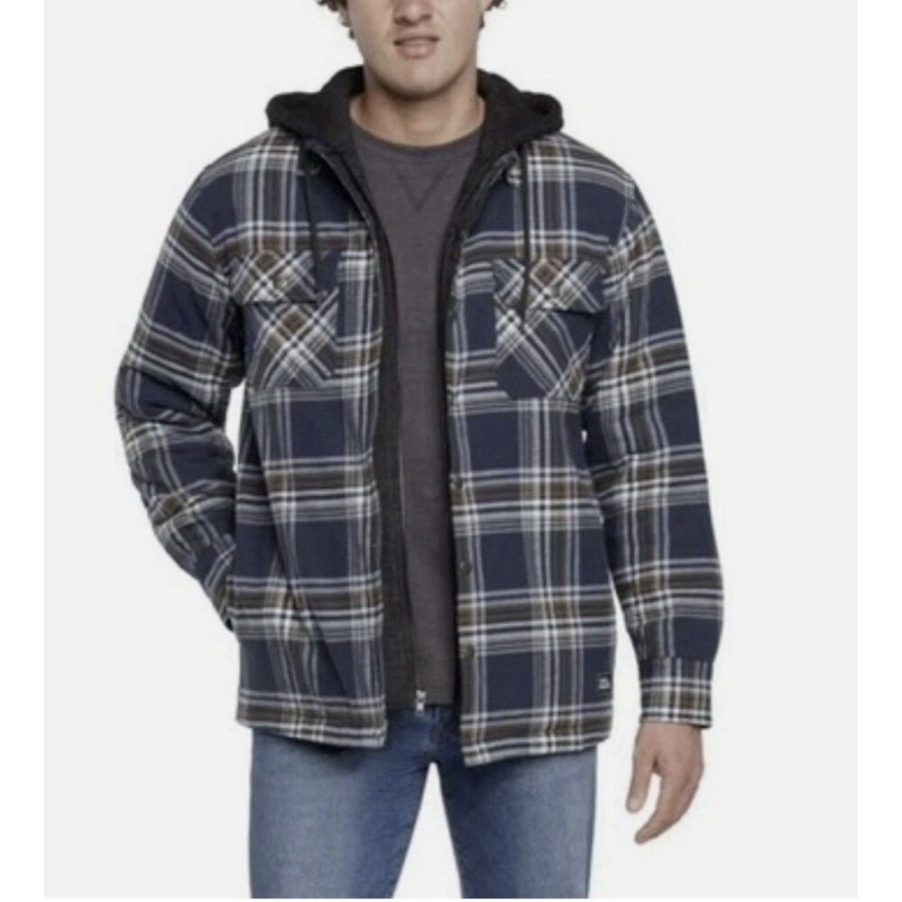 NWT Eddie Bauer Men's Hooded Shirt Jacket Navy Plaid Quilted Size Small